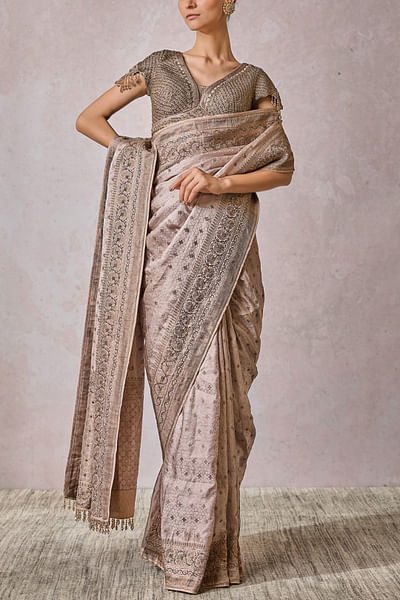 Lilac and lavender embroidered brocade sari set