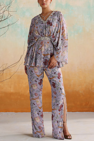 Lilac bird and floral printed co-ords