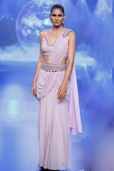 Lilac cutdana embroidered pre-draped sari set