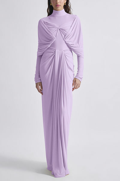 Lilac draped high-neck gown