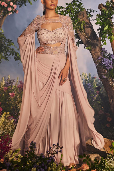 Lilac embellished drape lehenga set