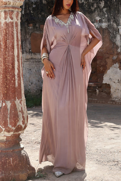 Lilac embellished draped kaftan