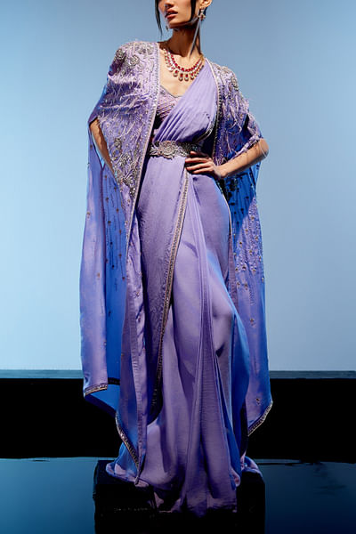 Lilac embroidered pre-drape sari set