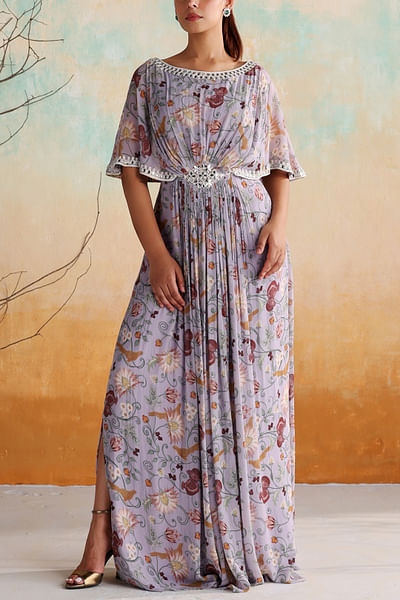 Lilac floral and bird print draped dress