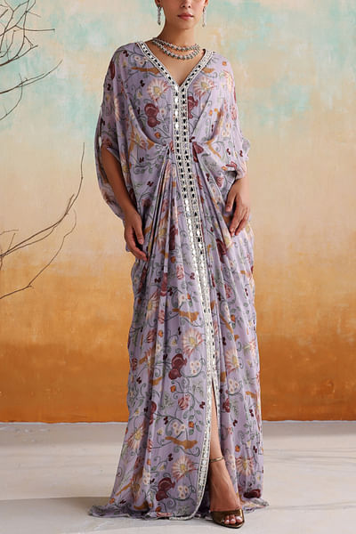 Lilac floral and bird printed kaftan