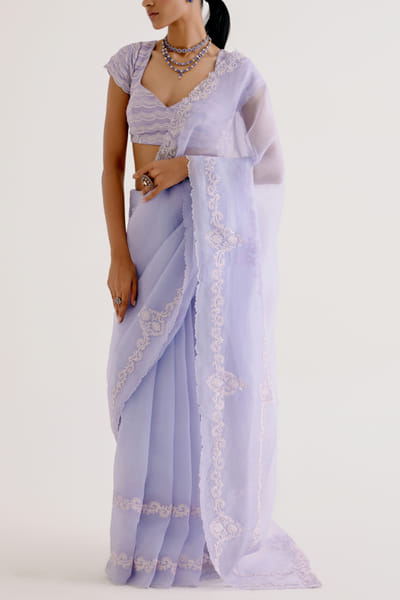 Devnaagri Lilac floral dori embroidered sari set DEVSEP24D223