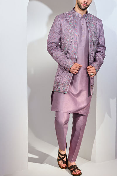 Lilac floral embroidered jacket and kurta set