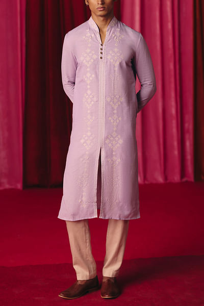 Lilac floral embroidered kurta set