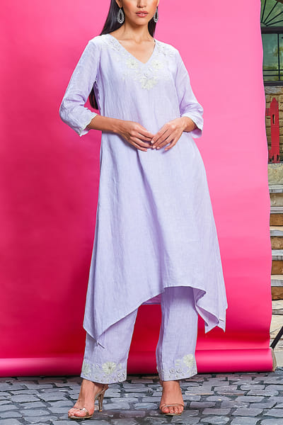 Lilac floral embroidered kurta set