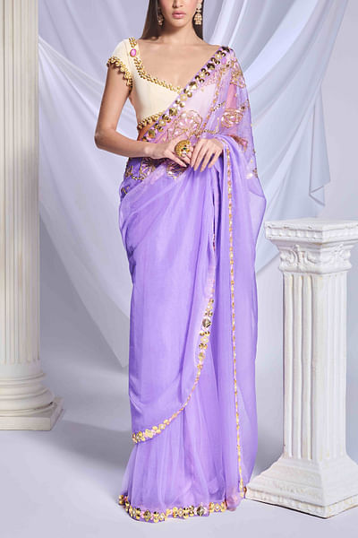 Lilac floral embroidered sari set