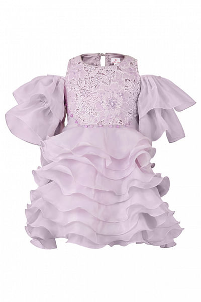 Lilac floral embroidery ruffle layered dress