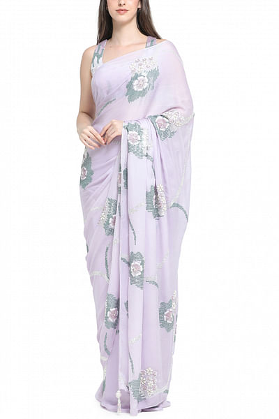 Lilac floral embroidery sari set