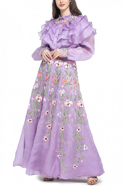 Lilac floral embroidery skirt set
