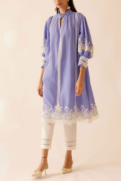 Lilac floral lace and pintuck tunic dress