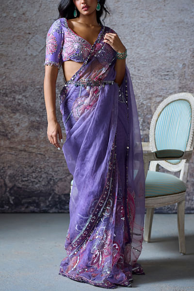 Lilac floral print embroidered draped sari set