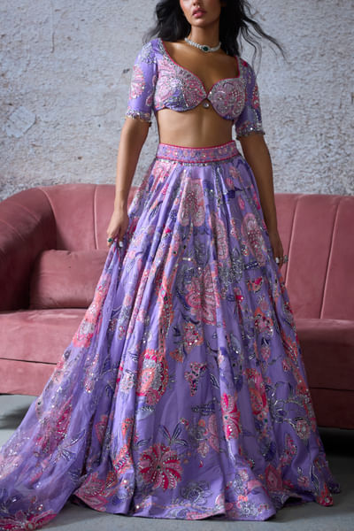 Lilac floral print embroidered lehenga set