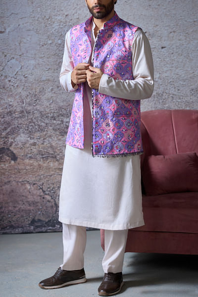 Lilac floral printed embroidered bandi set