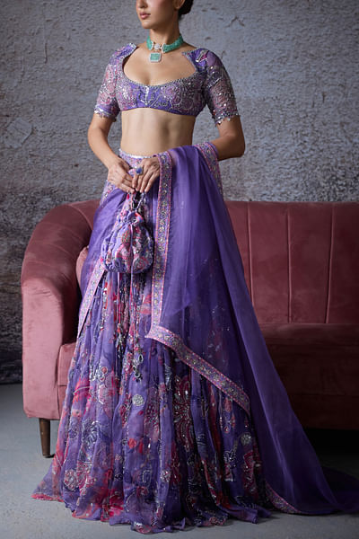 Lilac floral printed embroidered lehenga set