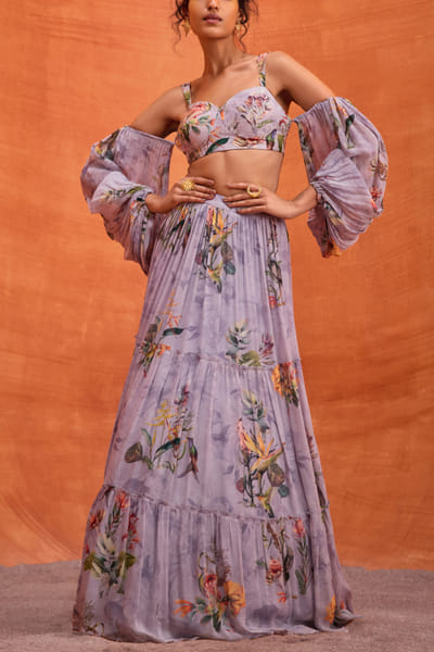 Lilac floral printed tiered skirt set
