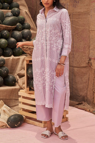 Lilac floral thread embroidery kurta set