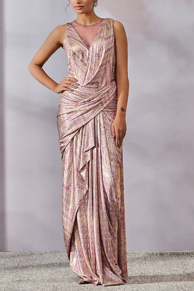Lilac geometric print concept sari set