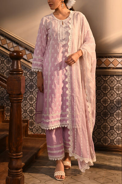 Lilac ombre floral embroidery kurta set