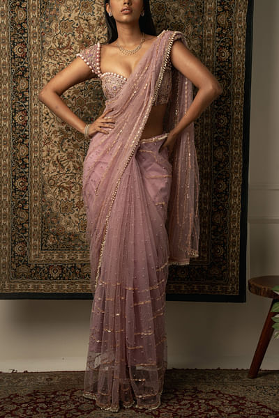 Lilac pearl embroidered tasselled sari set