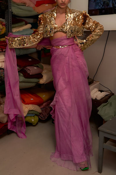 Lilac pre-draped ruffle sari and jacket set