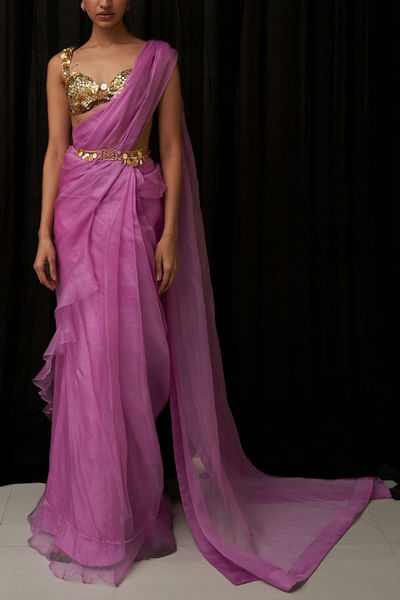 Lilac pre-draped ruffle sari set