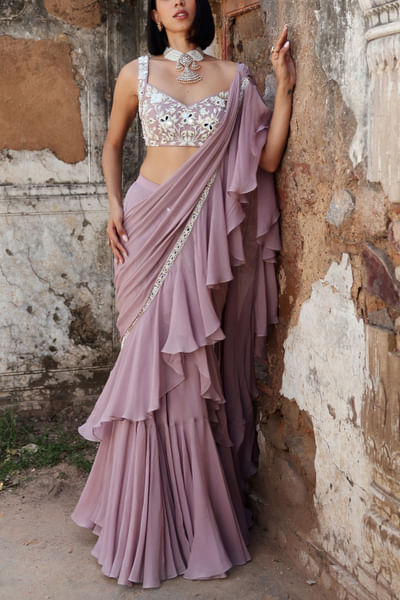Lilac ruffle pre-drapd sari set
