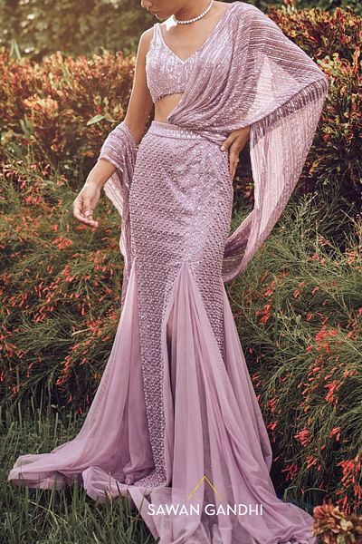 Lilac sequin embellished fishtail sari set