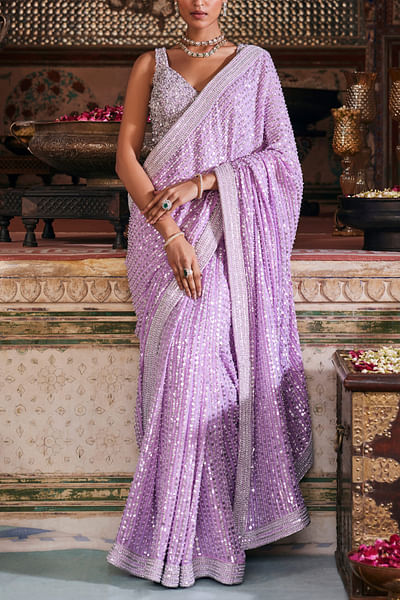 Lilac sequin embellished sari set