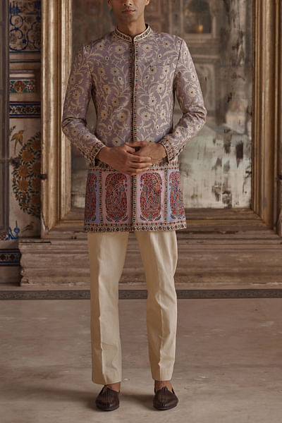 Lilac thread work achkan set