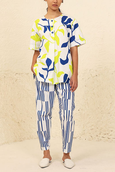 Lime and blue leaf and broken stripe print co-ords