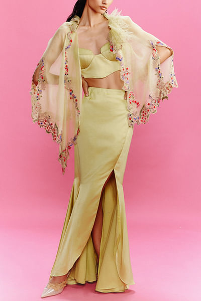 Lime floral embroidered cape and skirt set