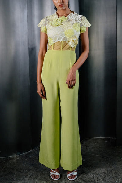 Lime green 3D floral embroidered jumpsuit