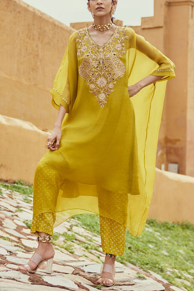 Lime green elephant embroidered kaftan set