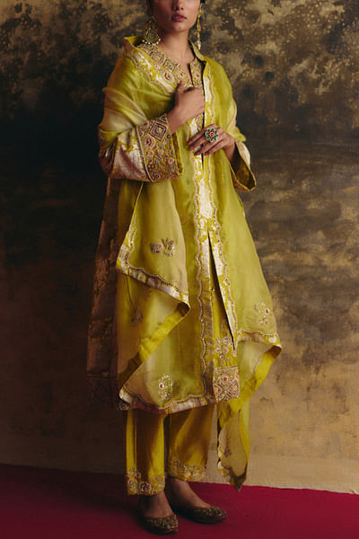 Lime green embroidered brocade kurta set
