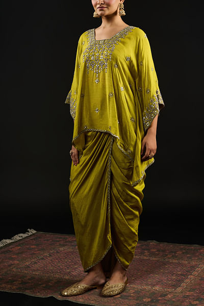 Lime green embroidered dhoti-style skirt set