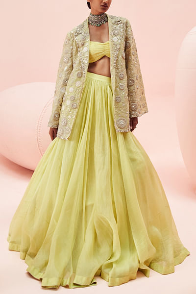Lime green embroidered jacket and lehenga set