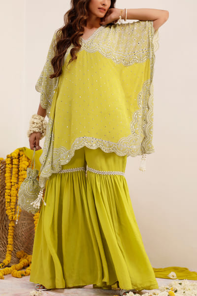 Lime green embroidered kaftan set