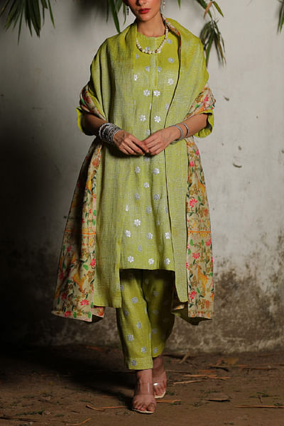 Lime green floral appliqued kurta set