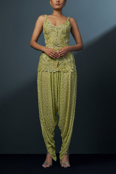Lime green floral cutwork kurta set