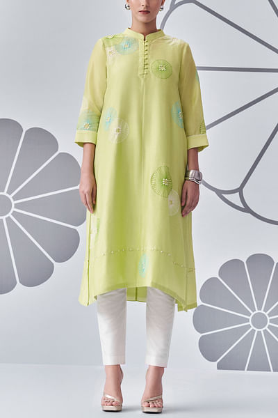 Lime green floral embroidered kurta
