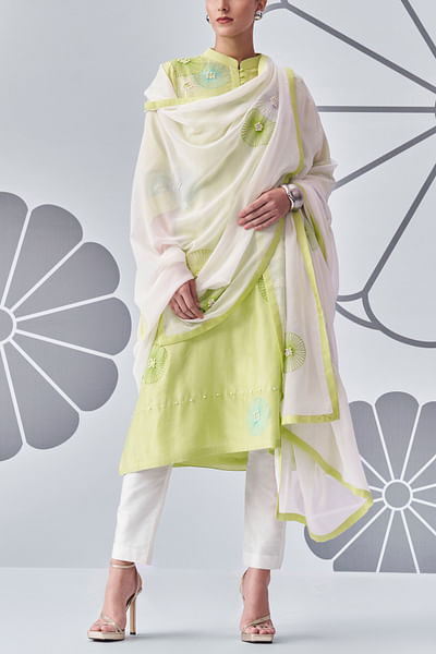 Lime green floral embroidered kurta set