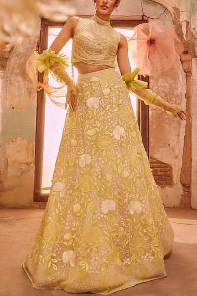 Lime green floral embroidered lehenga