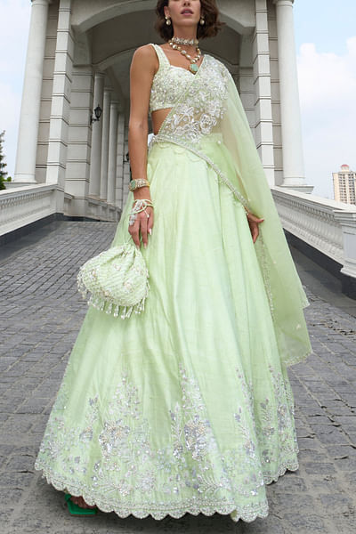 Lime green floral embroidered lehenga set