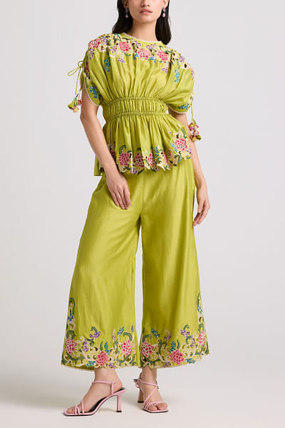 Lime green floral embroidered pants