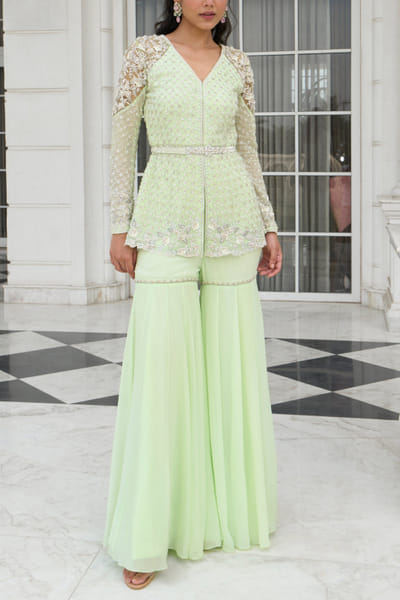 Lime green floral embroidered peplum sharara set