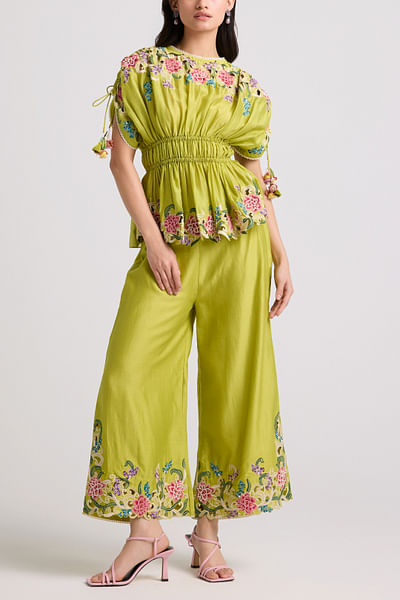 Lime green floral embroidered ruched peplum